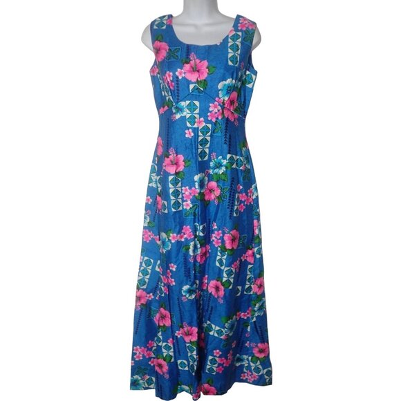 Vintage Royal Hawaiian Floral Maxi Dress Sleeveless Blue  M‎ barkcloth  Cruise - Picture 1 of 7